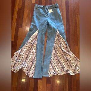 Wisteria Lane Light Blue Flare Jeans with Printed Fabric Inset